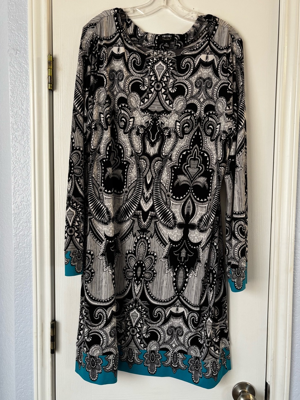 Nicole Long Sleeve Black & White Patterned Dress with Teal Trim